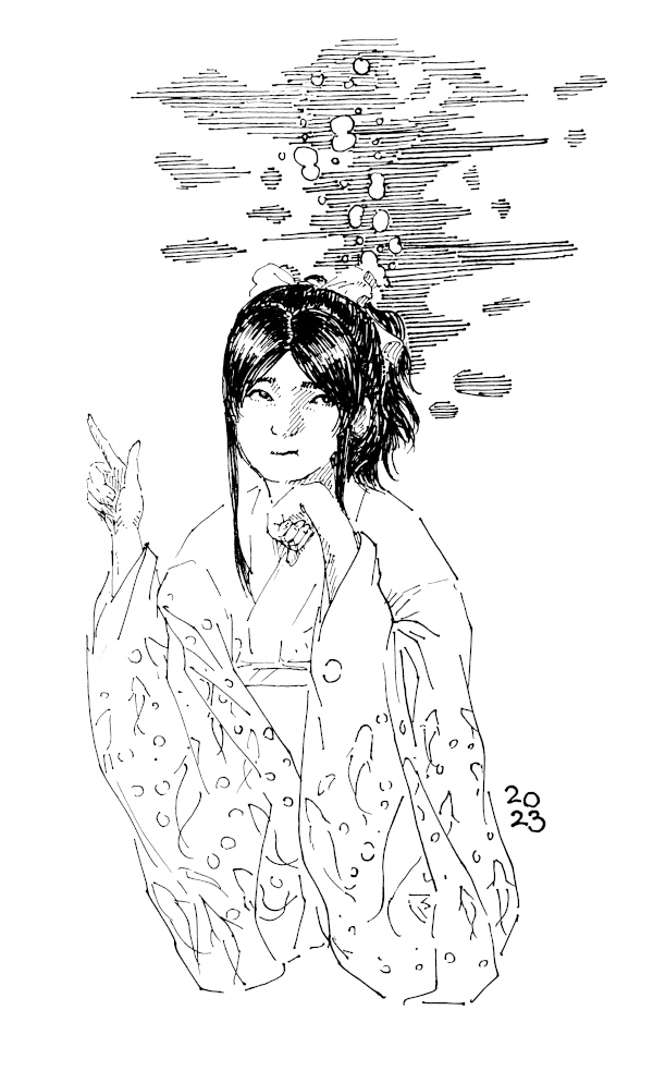 A girl lost in thought, with bubbles and a watery pattern behind her.