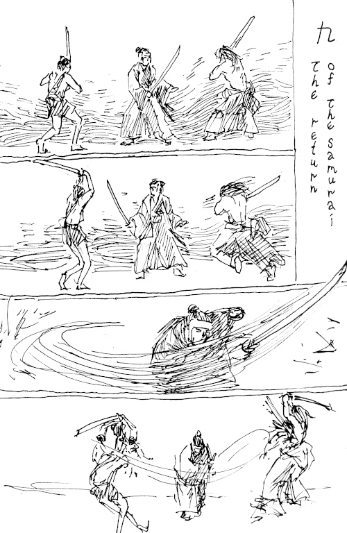 A comic about a samurai fighting off two enemies.