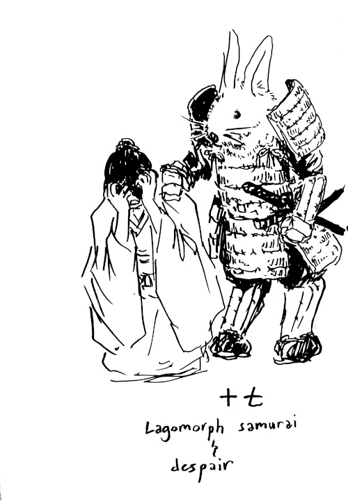 A giant rabbit samurai and someone in despair