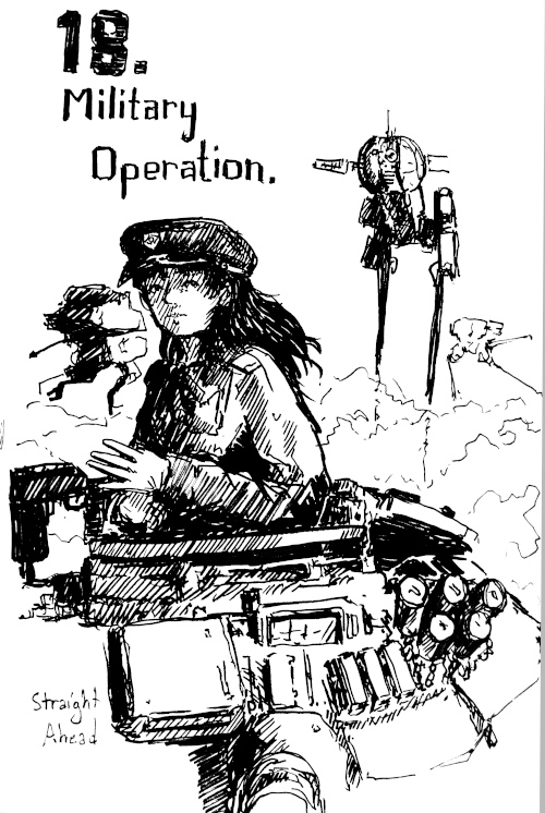 A woman in a tank hatch in front of a bunch of militaristic robots.